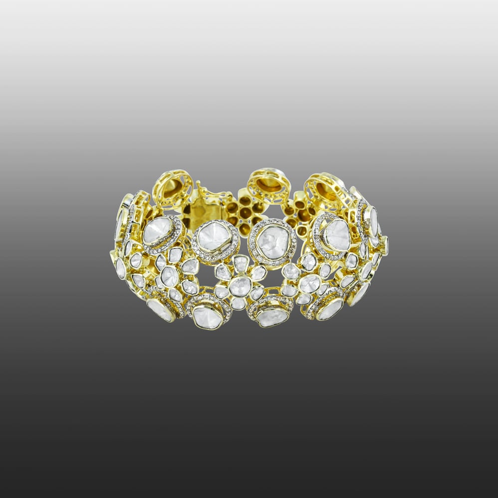Polki Bracelet with Double Rows and Diamond Halos